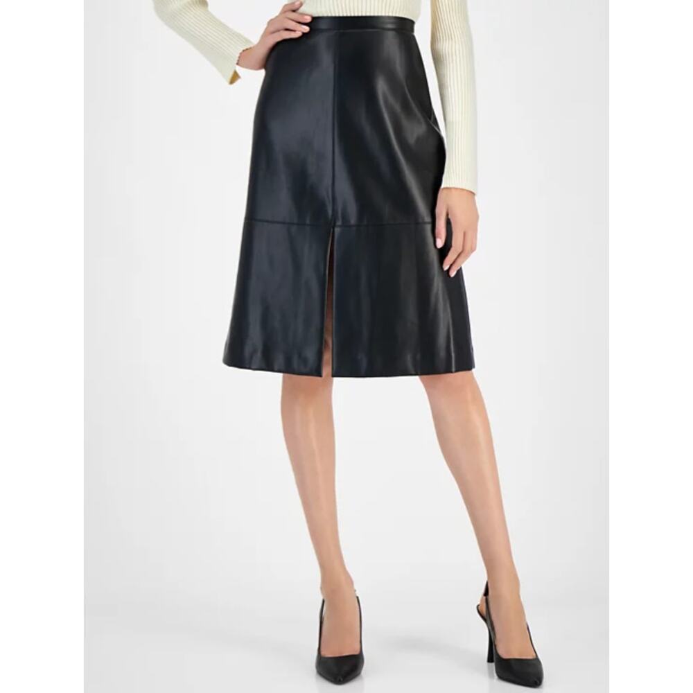 Tahari ASL Black Faux Leather Midi Skirt with Front Slit